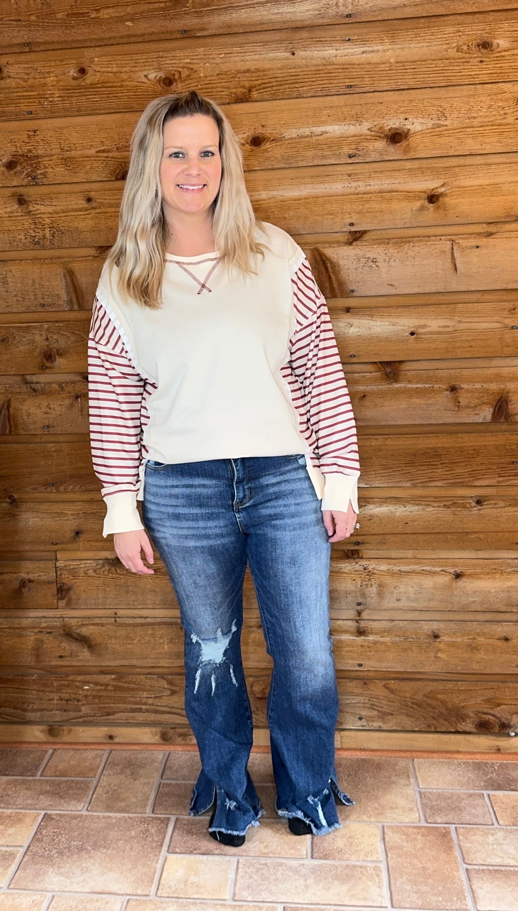 Stripe Color Block Patchwork Loose Long Sleeve Top