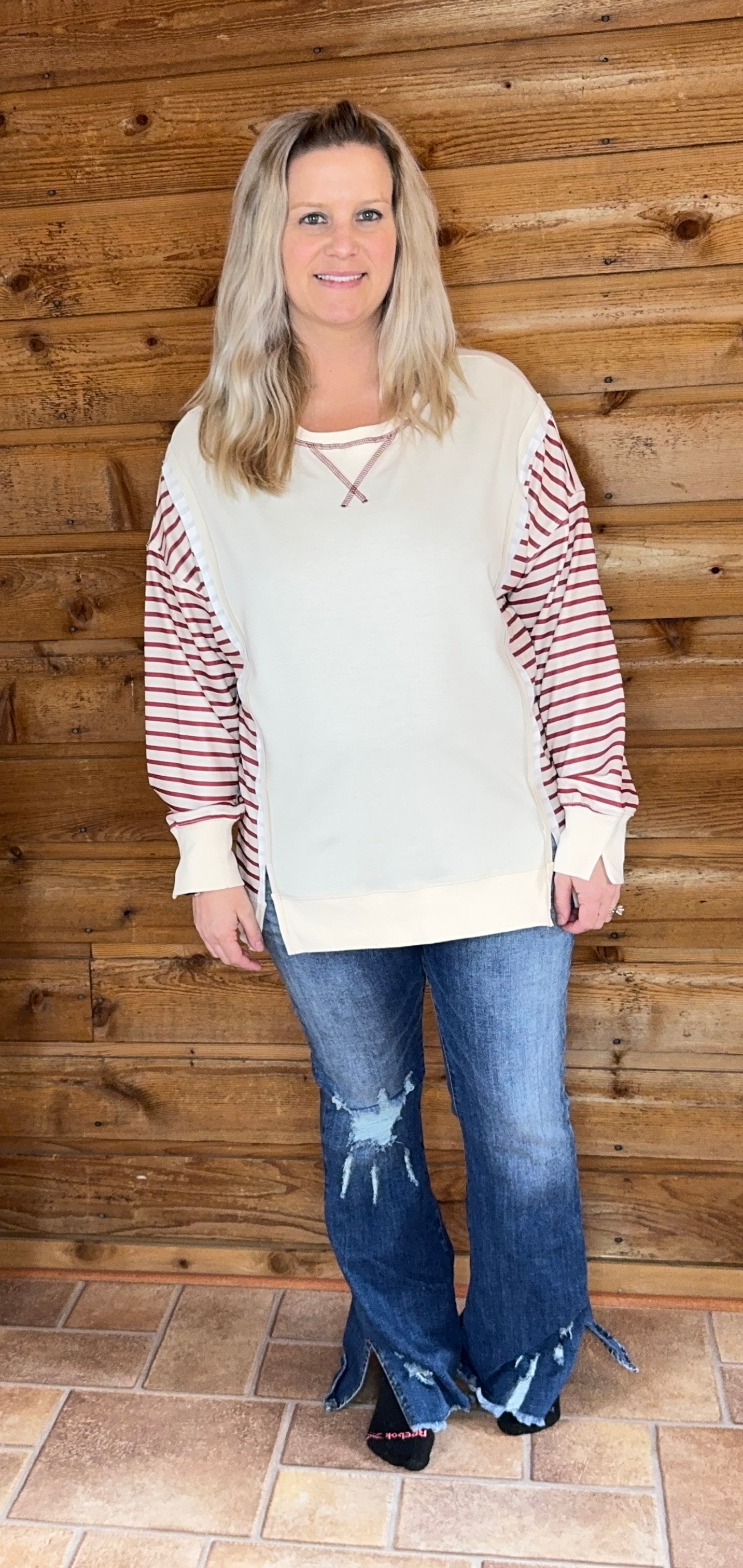 Stripe Color Block Patchwork Loose Long Sleeve Top